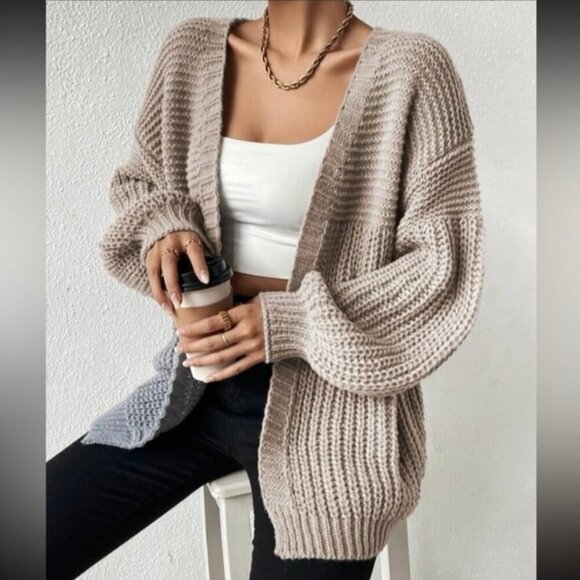 SHEIN Chunky Knit Open Front Cardigan Sweater Taupe Beige Tan Size Small - Picture 4 of 8